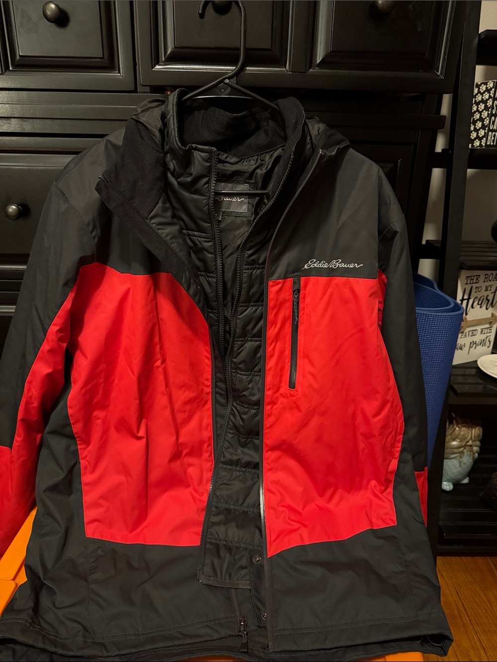 Eddie Bauer Men’s Red and Black Hooded Insulated Raincoat